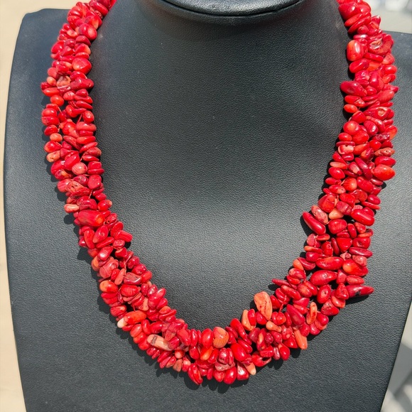Jewelry - Red Coral Beaded 3 Strand Necklace 16”